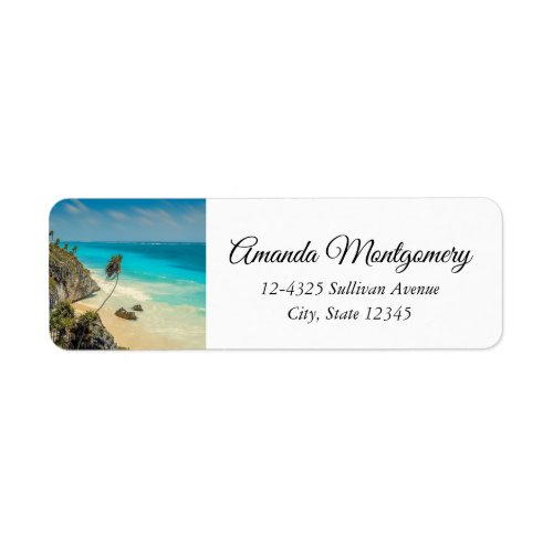 Tropical Beach with Wind Swept Palm Trees Label