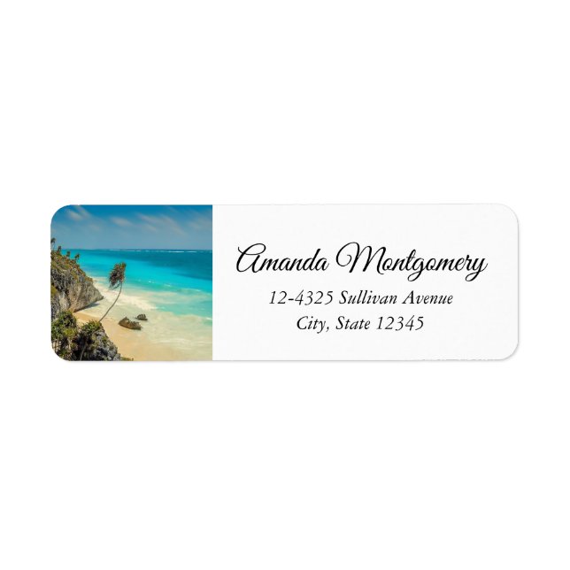 Tropical Beach with Wind Swept Palm Trees Label (Front)