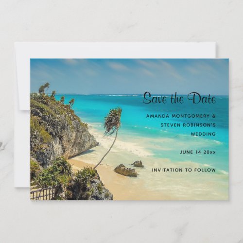 Tropical Beach with Wind Swept Palm Trees Save The Date