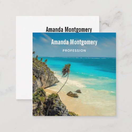 Tropical Beach with Wind Swept Palm Trees Square Business Card