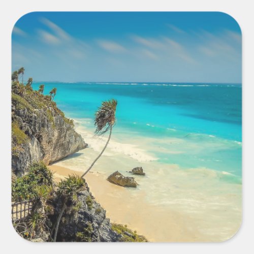 Tropical Beach with Wind Swept Palm Trees Square Sticker