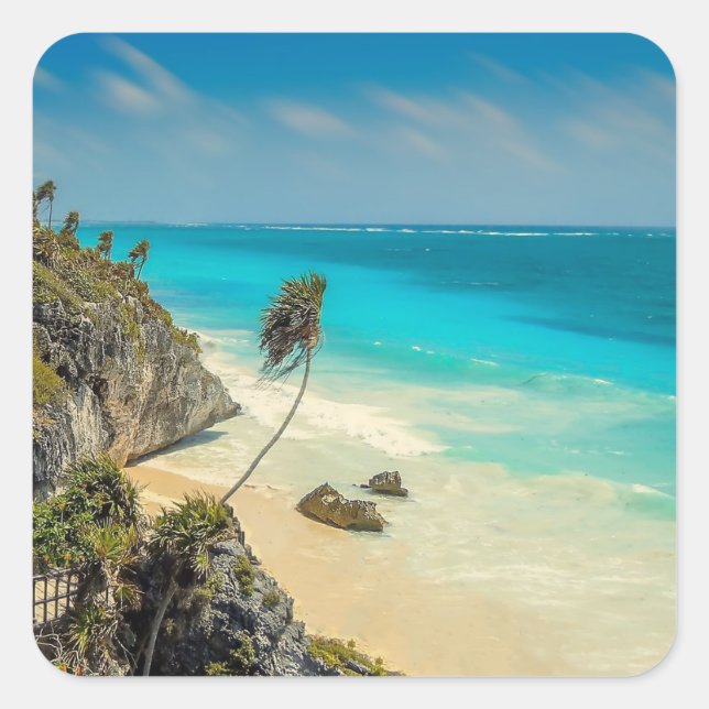 Tropical Beach with Wind Swept Palm Trees Square Sticker (Front)