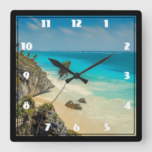 Tropical Beach with Wind Swept Palm Trees Square Wall Clock