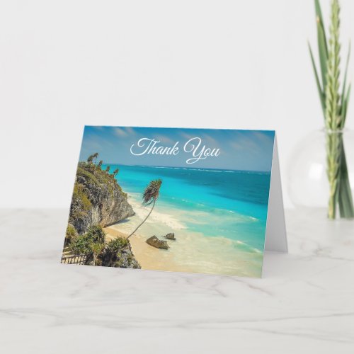 Tropical Beach with Wind Swept Palm Trees Thank You Card