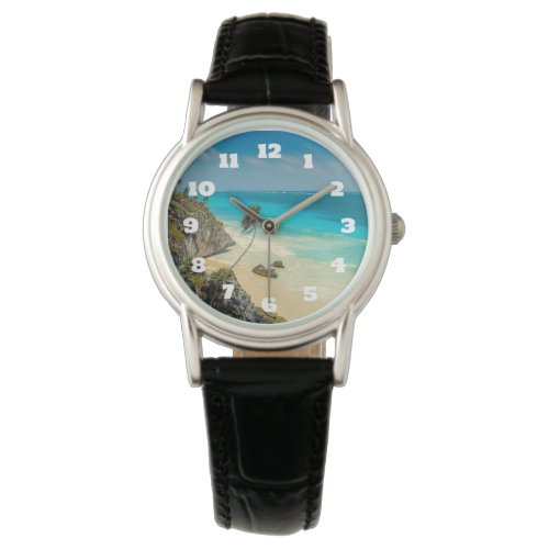 Tropical Beach with Wind Swept Palm Trees Watch