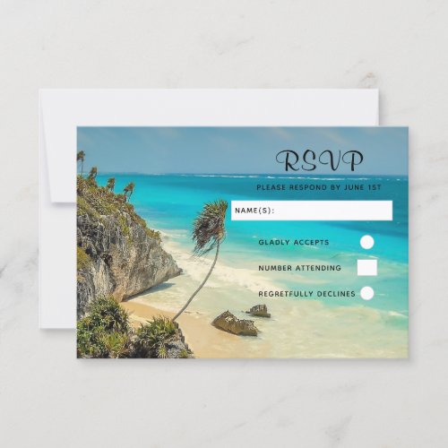 Tropical Beach with Wind Swept Palm Trees Wedding RSVP Card