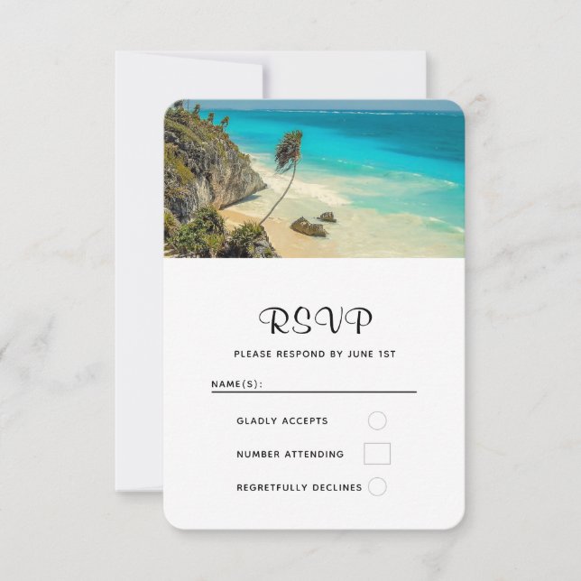Tropical Beach with Wind Swept Palm Trees Wedding RSVP Card (Front)