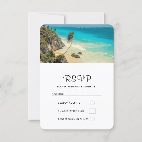 Tropical Beach with Wind Swept Palm Trees Wedding RSVP Card
