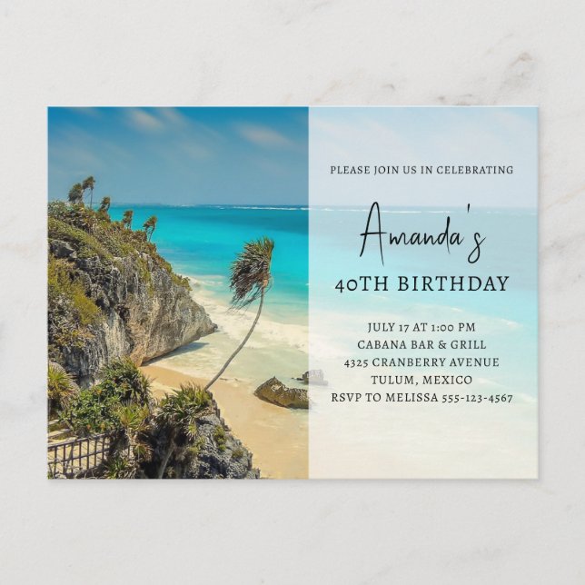 Tropical Beach with Wind Swept Palms Birthday Invitation Postcard (Front)