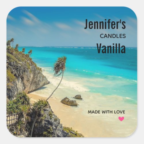 Tropical Beach with Wind Swept Palms _ Candle Biz Square Sticker