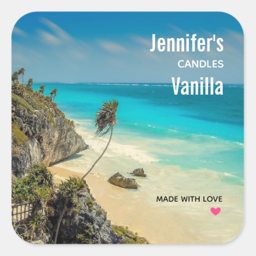 Tropical Beach with Wind Swept Palms _ Candle Biz Square Sticker