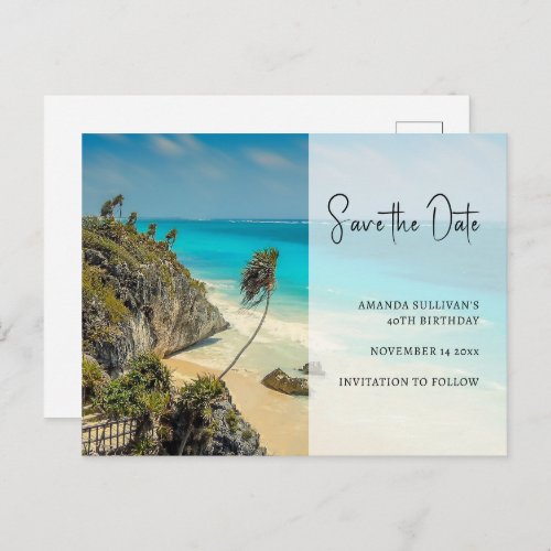 Tropical Beach with Wind Swept Palms Save the Date Invitation Postcard