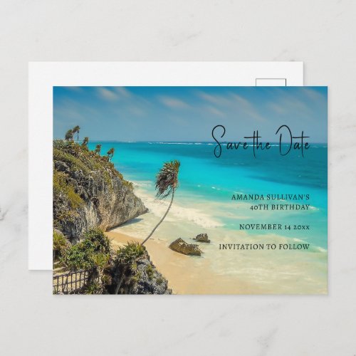 Tropical Beach with Wind Swept Palms Save the Date Invitation Postcard