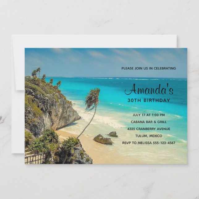 Tropical Beach with Wind Swept Trees Birthday Invitation (Front)