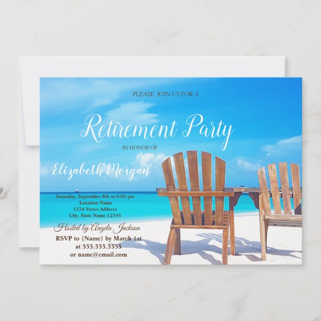 Tropical Beach,Wood Chairs Retirement Party Invitation (Front)