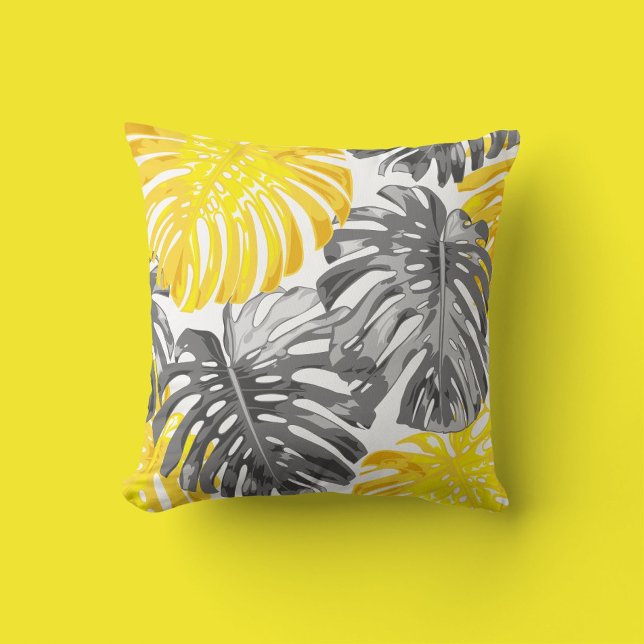 Tropical Beach Yellow Gray Modern Jungle Leaves Throw Pillow (Creator Uploaded)
