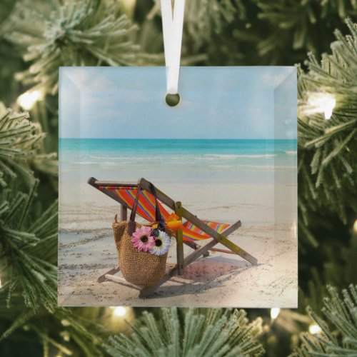 Tropical Beaches  Beach Chair on Sand Glass Ornament