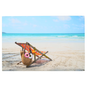 Tropical Beaches Beach Chair on Sand Metal Print