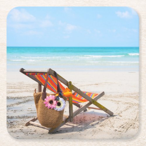 Tropical Beaches  Beach Chair on Sand Square Paper Coaster