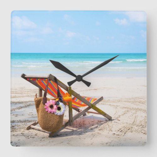 Tropical Beaches  Beach Chair on Sand Square Wall Clock