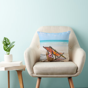 Tropical Beaches Beach Chair on Sand Throw Pillow