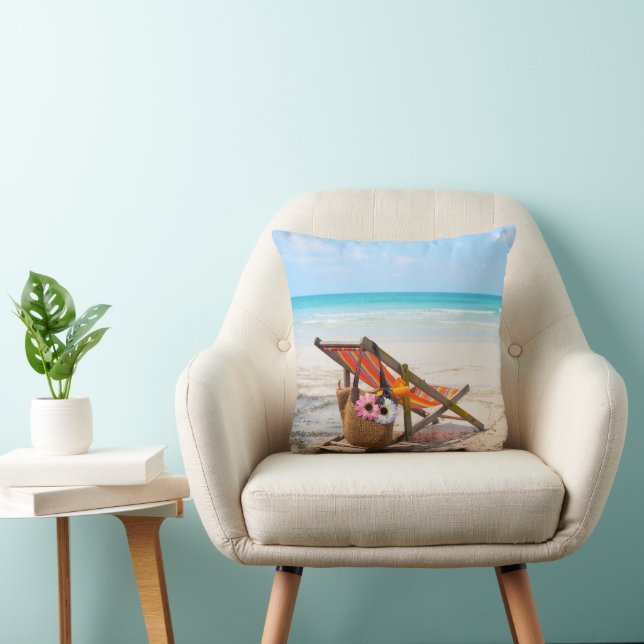 Tropical Beaches | Beach Chair on Sand Throw Pillow (Chair)