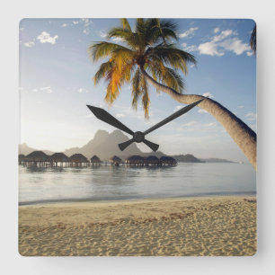 Tropical Beaches   Beach Huts, Bora Bora Square Wall Clock