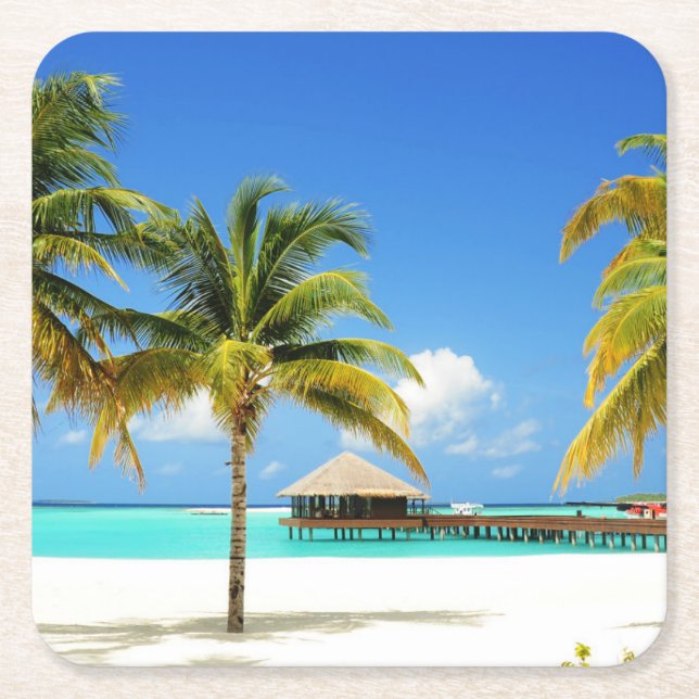 Tropical Beaches | Island & Lagoon, Maldives Square Paper Coaster (Front)