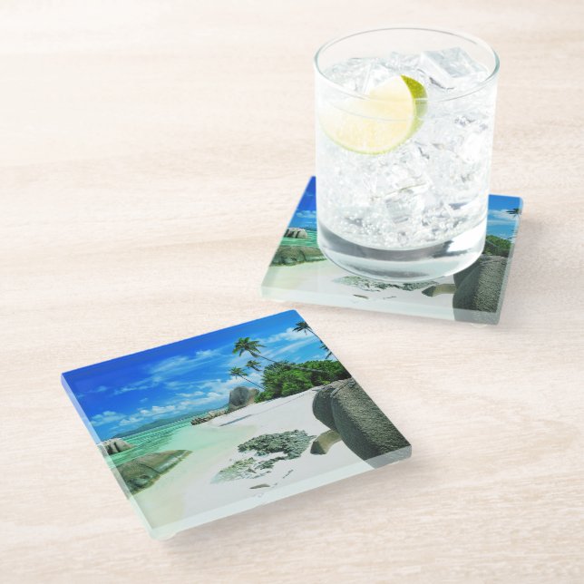 Tropical Beaches | La Digue Island Glass Coaster (Angled)