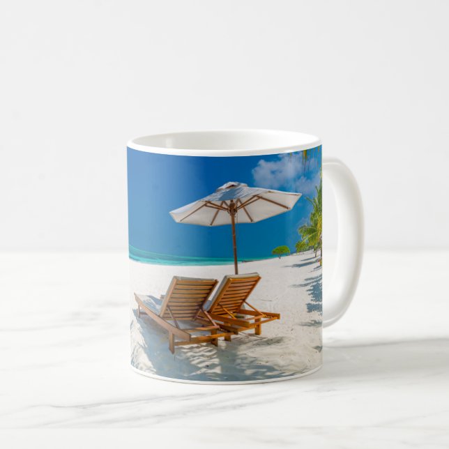 Tropical Beaches | Lounge Chairs Beach, Bora Bora Coffee Mug (Front Right)