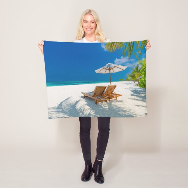 Tropical Beaches | Lounge Chairs Beach, Bora Bora Fleece Blanket (In Situ)