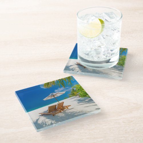 Tropical Beaches  Lounge Chairs Beach Bora Bora Glass Coaster