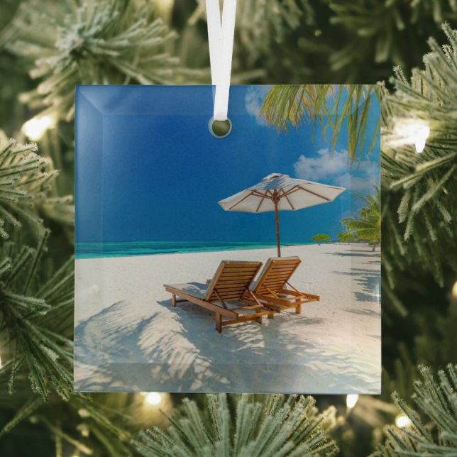 Tropical Beaches | Lounge Chairs Beach, Bora Bora Glass Ornament (Insitu)