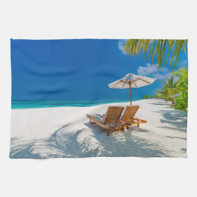 Tropical Beaches | Lounge Chairs Beach, Bora Bora Kitchen Towel (Horizontal)