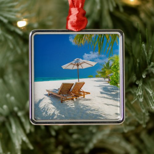 Tropical Beaches  Lounge Chairs Beach Bora Bora Metal Ornament
