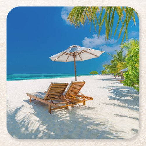 Tropical Beaches  Lounge Chairs Beach Bora Bora Square Paper Coaster