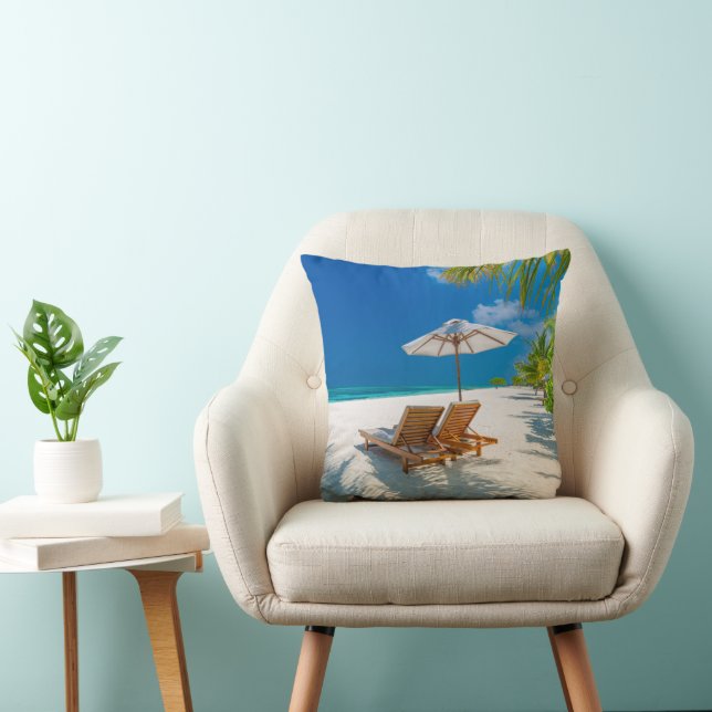 Tropical Beaches | Lounge Chairs Beach, Bora Bora Throw Pillow (Chair)