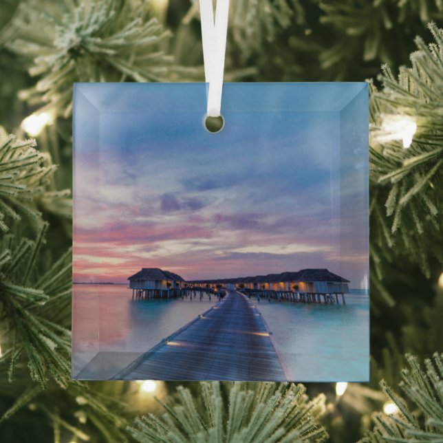Tropical Beaches | Maldives Bungalows Glass Ornament (Insitu)