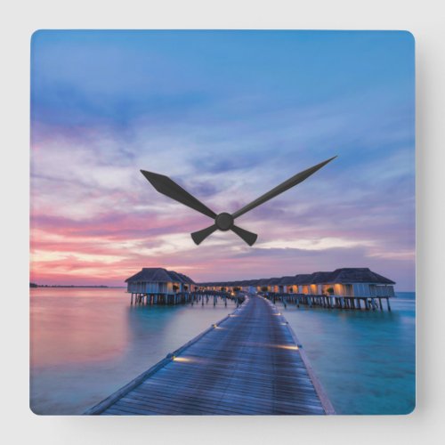 Tropical Beaches  Maldives Bungalows Square Wall Clock