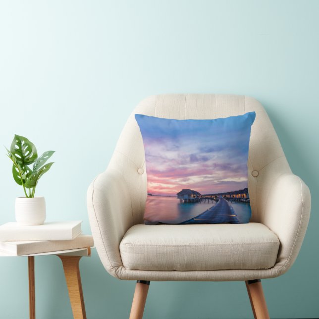 Tropical Beaches | Maldives Bungalows Throw Pillow (Chair)