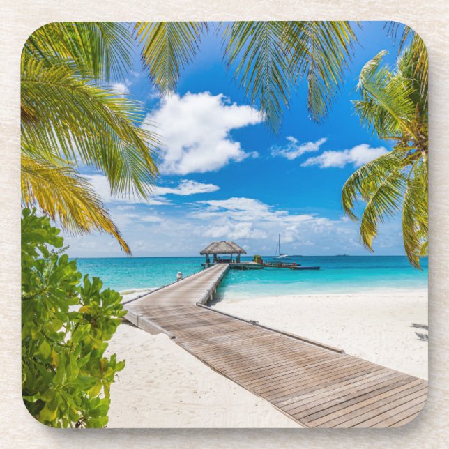 Tropical Beaches | Maldives Island Wooden Jetty Beverage Coaster (Front)