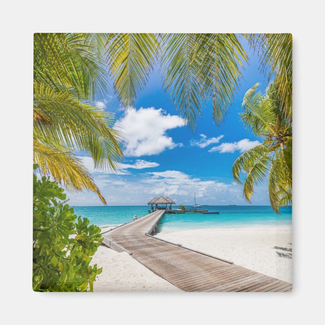 Tropical Beaches | Maldives Island Wooden Jetty Magnet (Front)