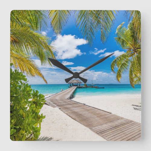 Tropical Beaches  Maldives Island Wooden Jetty Square Wall Clock