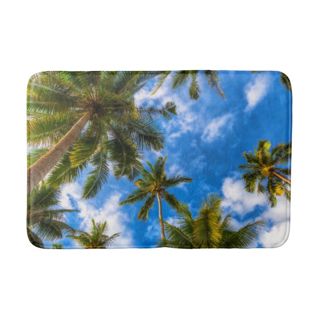 Tropical Beaches | Palm Trees on Blue Sky Bath Mat (Front)