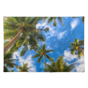 Tropical Beaches   Palm Trees on Blue Sky Cloth Placemat