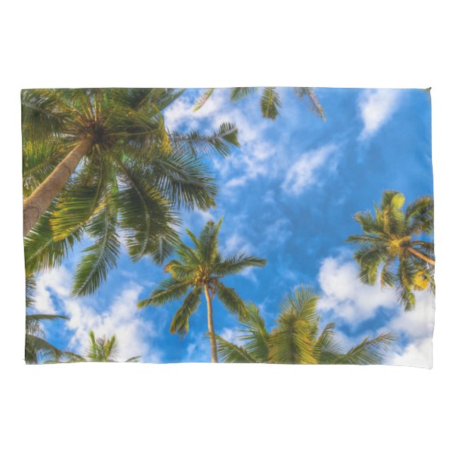 Tropical Beaches | Palm Trees on Blue Sky Pillow Case (Front)