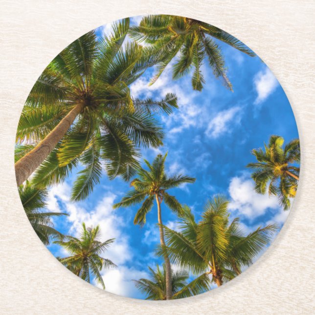 Tropical Beaches | Palm Trees on Blue Sky Round Paper Coaster (Front)