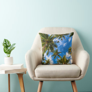 Tropical Beaches   Palm Trees on Blue Sky Throw Pillow