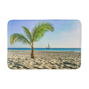 Tropical Beaches Sailboat, Palm Tree, Aruba Bath Mat