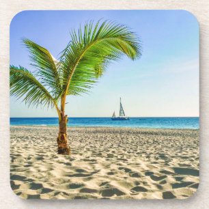 Tropical Beaches   Sailboat, Palm Tree, Aruba Beverage Coaster